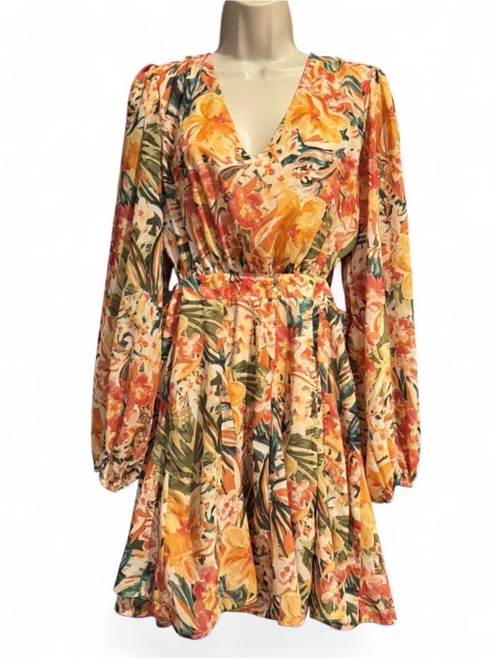 Flying Tomato Tropical Floral Cutout Mini Dress Puff Sleeve Resort L